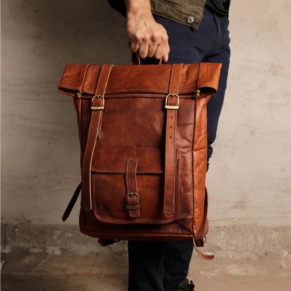 Handmade Moroccan Genuine Organic Leather Rolltop Backpack - Picture 2 of 9